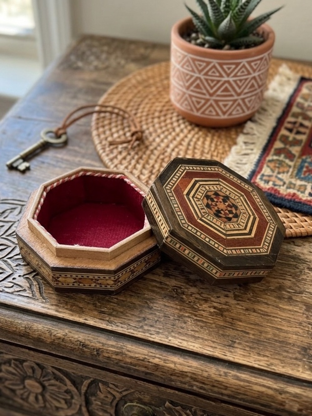 Vintage Wood Inlay Octagon Trinket Box Boho